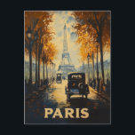 Vintage 1930s Paris Travel Poster Eiffel Tower Postcard<br><div class="desc">A vintage travel poster showcasing a romantic 1930s Paris street scene. The Eiffel Tower stands elegantly in the background, framed by autumnal trees with golden leaves. Classic cars and streetlamps line the wet cobblestone road, capturing the charm of Paris in a bygone era. The word “PARIS” is prominently displayed at...</div>