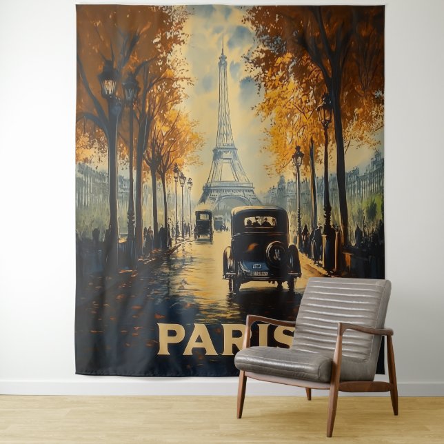 Vintage 1930s Paris Travel Poster Eiffel Tower Tapestry (In Situ)