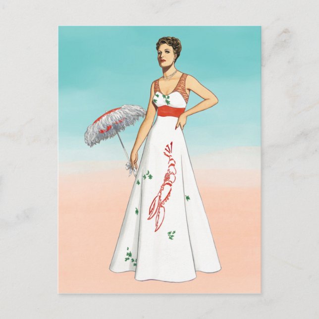 Vintage 1930s Retro Lobster Dress Fashion Art Postcard (Front)