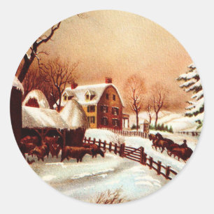 Vintage 1930s Winter Country Scene Classic Round Sticker