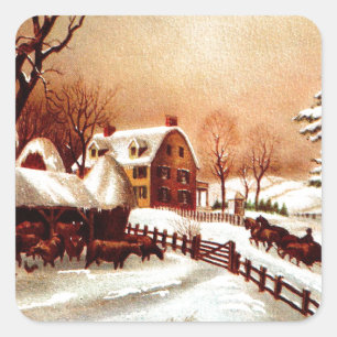 Vintage 1930s Winter Country Scene Square Sticker