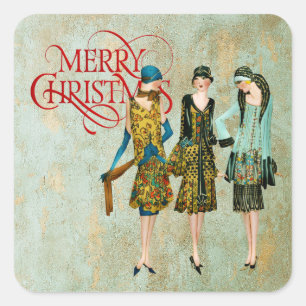 Vintage 1930's Women Christmas Greeting Square Sticker