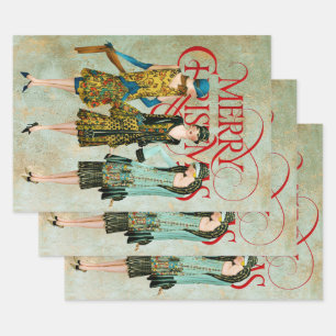 Vintage 1930's Women Christmas Greeting Wrapping Paper Sheet