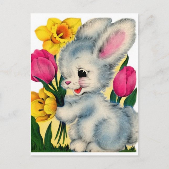 Vintage 1940s Bunny Rabbit With Flowers Postcard (Front)