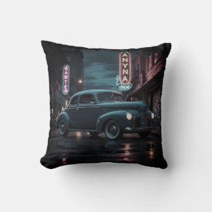 Vintage 1940s Classic Car Under Neon Lights Cushion