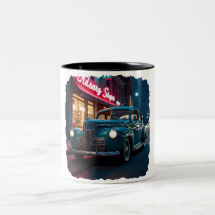 Vintage 1940s Classic Car Under Neon Lights  Two-Tone Coffee Mug