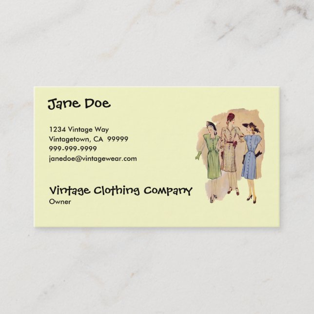 Vintage 1940s Fashion Business Card (Front)