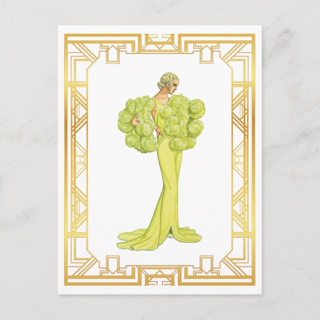 Vintage 1940s Fashion Lime Hollywood Gown Art Postcard (Front)