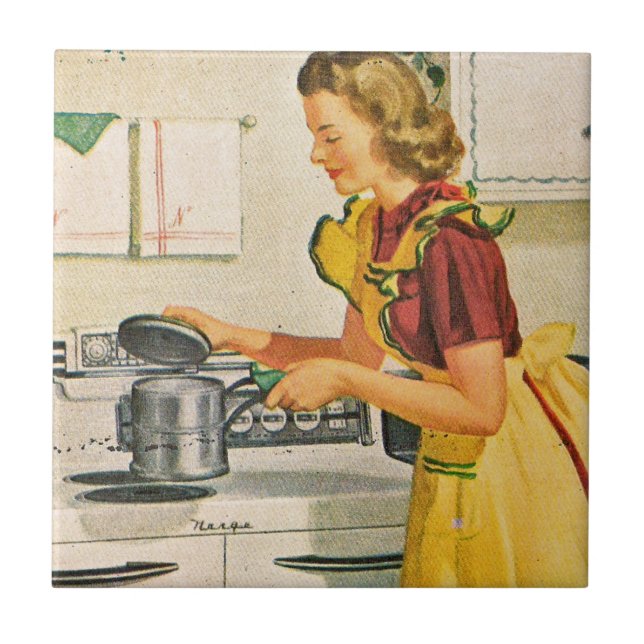 Vintage 1940s Housewife Cooking Tile (Front)