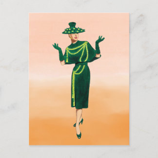 Vintage 1940s Rope Print Green Dress Fashion Art Postcard