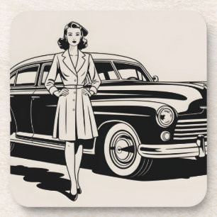 Vintage 1940s Style Illustration of Woman and Car Coaster