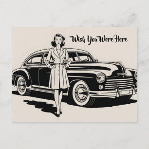 Vintage 1940s Style Illustration of Woman and Car Holiday Postcard