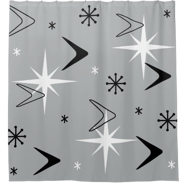 Vintage 1950s Boomerangs and Stars Grey Shower Curtain (Front)