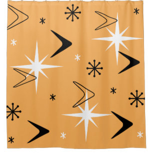 Vintage 1950s Boomerangs and Stars Orange Shower Curtain