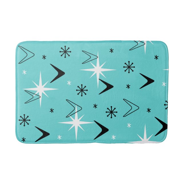 Vintage 1950s Boomerangs and Stars Turquoise Bath Mat (Front)