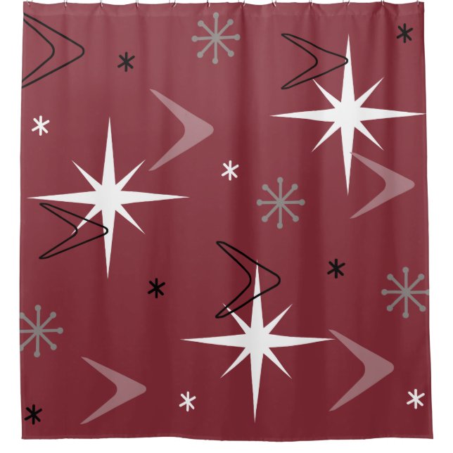 Vintage 1950s Boomerangs Stars Burgundy Shower Curtain (Front)