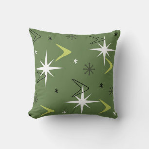 Vintage 1950s Boomerangs Stars Olive Green Cushion