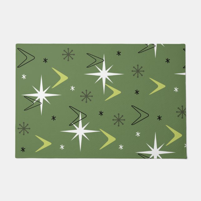 Vintage 1950s Boomerangs Stars Olive Green Doormat (Front)