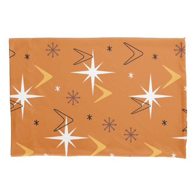 Vintage 1950s Boomerangs Stars Orange Pillowcase (Front)