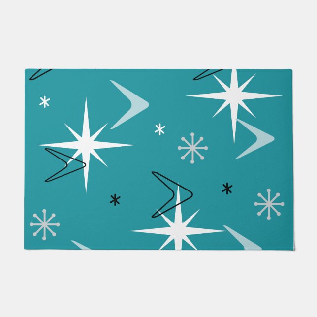 Vintage 1950s Boomerangs Stars Teal Doormat (Front)