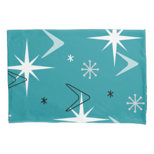 Vintage 1950s Boomerangs Stars Teal Pillowcase