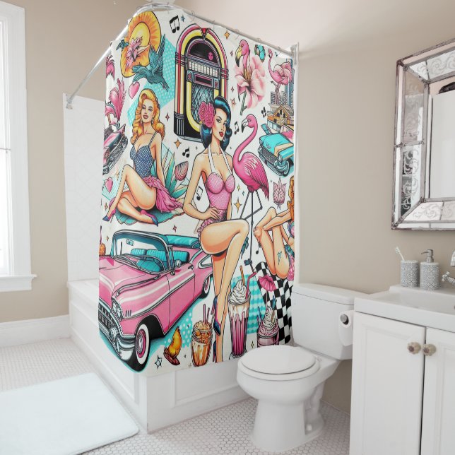 Vintage 1950s Cute Pattern Shower Curtain (In Situ)