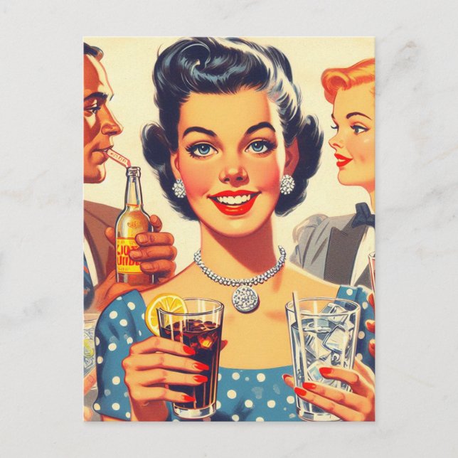 Vintage 1950s Drink People Illustration Postcard (Front)
