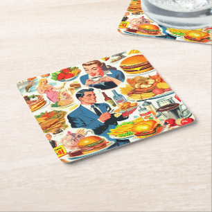 Vintage 1950s Food Comics Illustration Square Paper Coaster