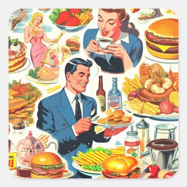 Vintage 1950s Food Comics Illustration Square Sticker (Front)