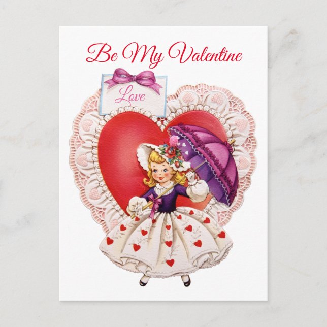 Vintage 1950's Little Girl & Umbrella Valentine Postcard (Front)