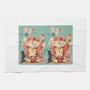 Vintage 1950's nuclear family 50's retro housewife tea towel