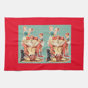 Vintage 1950's nuclear family 50's retro housewife tea towel