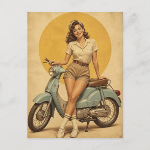 Vintage 1950s Pin-Up Girl on Retro Blue Moped Postcard