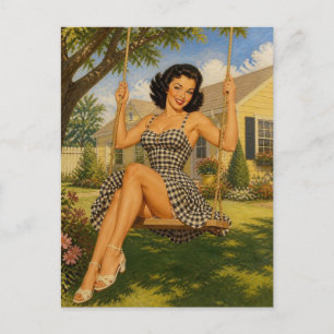 Vintage 1950s Pin-Up Woman on a Swing Retro Postcard