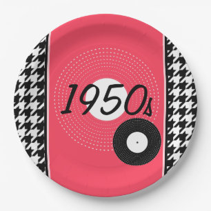 Vintage 1950s pink, black and white chequered paper plate