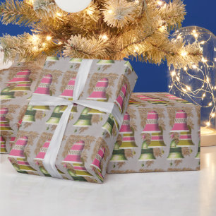 Vintage 1950's Pretty Christmas Bells Pink Green Wrapping Paper