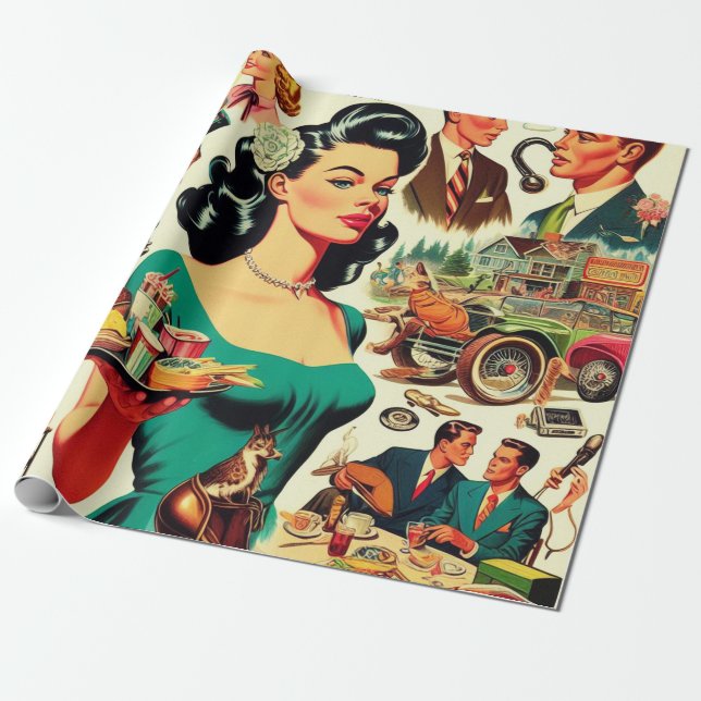 Vintage 1950s Seamless Pattern Wrapping Paper (Unrolled)