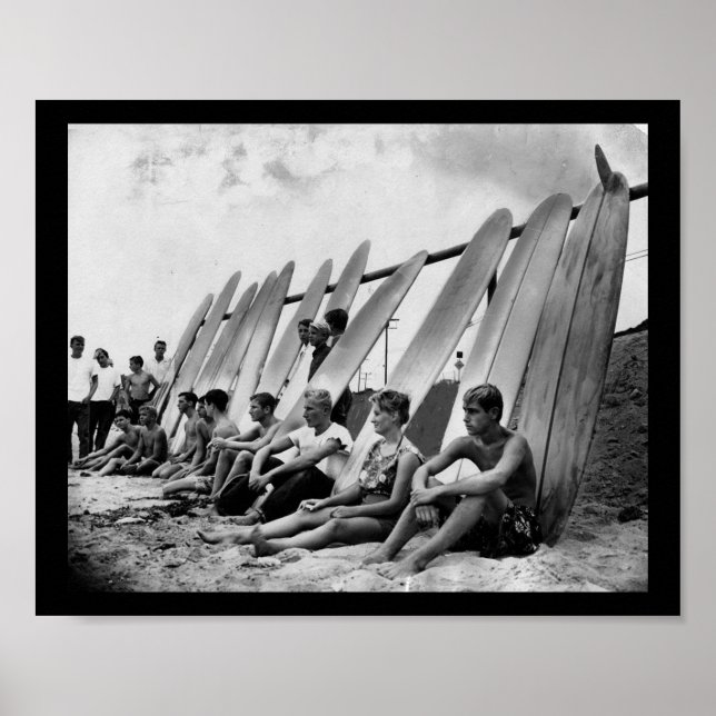 Vintage 1950's, Surfers Lined Up On Beach Poster (Front)