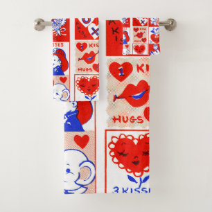 Vintage 1950s Valentine Stamp Pattern Retro Kitsch Bath Towel Set