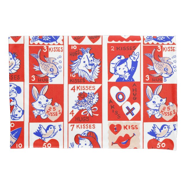 Vintage 1950s Valentine Stamp Pattern Retro Kitsch Pillowcase (Front)
