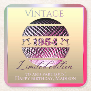 Vintage 1954 70th birthday pink square paper coaster