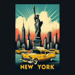 Vintage 1955 New York City Skyline Poster<br><div class="desc">• This vibrant, retro-style poster celebrates the iconic New York City, featuring the Statue of Liberty, the towering Empire State Building, and classic yellow taxis cruising along the waterfront. The artwork uses bold, warm colours to highlight the city's dynamic skyline, with rays of light streaming through the sky, adding an...</div>