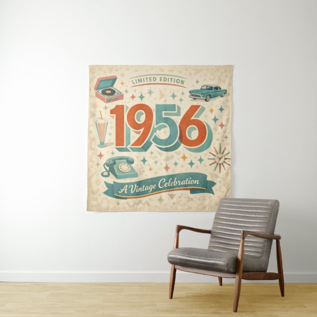 Vintage 1956 Birthday Tapestry | 50s Retro Style (In Situ)