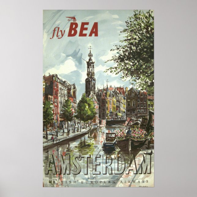 Vintage 1956 Fly BEA Amsterdam UK Travel Poster (Front)