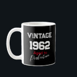 Vintage 1962 Aged to Perfection Happy Birthday Coffee Mug<br><div class="desc">Funny Wine Pun Birthday Coffee Mug Born in 1962. Celebrating the Year of Birth. Vintage 1962 - Aged to Perfection - Happy 61st Birthday [Name of Recipient]. Black & White Retro Design with Red Accents. Script Typography. Makes a Perfect Birthday Gift for Husbands - Dads - Grandparents. Unique 40th, 50th,...</div>