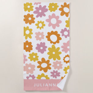 Vintage 1970s Flower Pattern Pink Personalised  Beach Towel