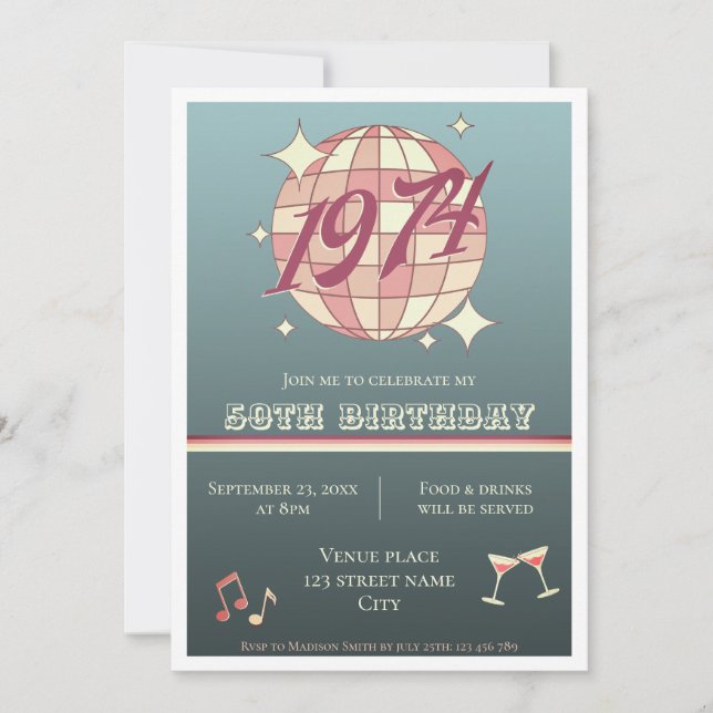 Vintage 1974 50th birthday retro dark blue invitation (Front)
