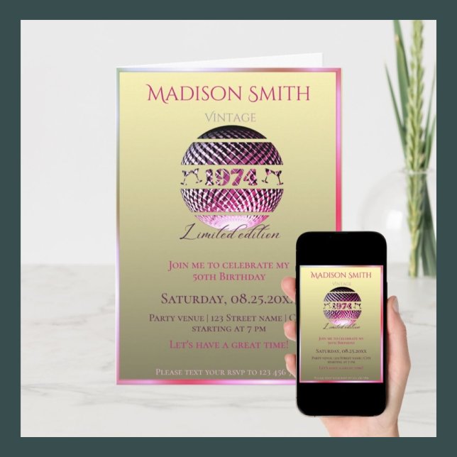 Vintage 1974 birthday invitation pink gold (Creator Uploaded)