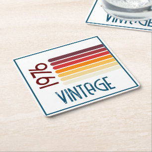 Vintage 1976 Retro Stripe Sun 50th Birthday Square Paper Coaster