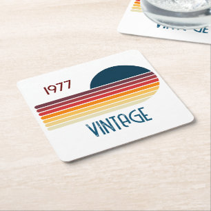 Vintage 1977 Retro Stripe 50th Birthday Sun Square Paper Coaster